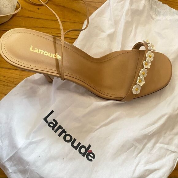 Larroude Goldie Sandals high heels shoes Tan Leather lace up flowers Sz 8.5 - Picture 13 of 15